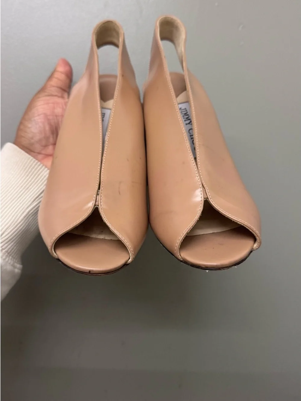 Jimmy Choo Nude Suede Shar Peep Toe Slingback Pumps Womens Size 37 EU Luxe